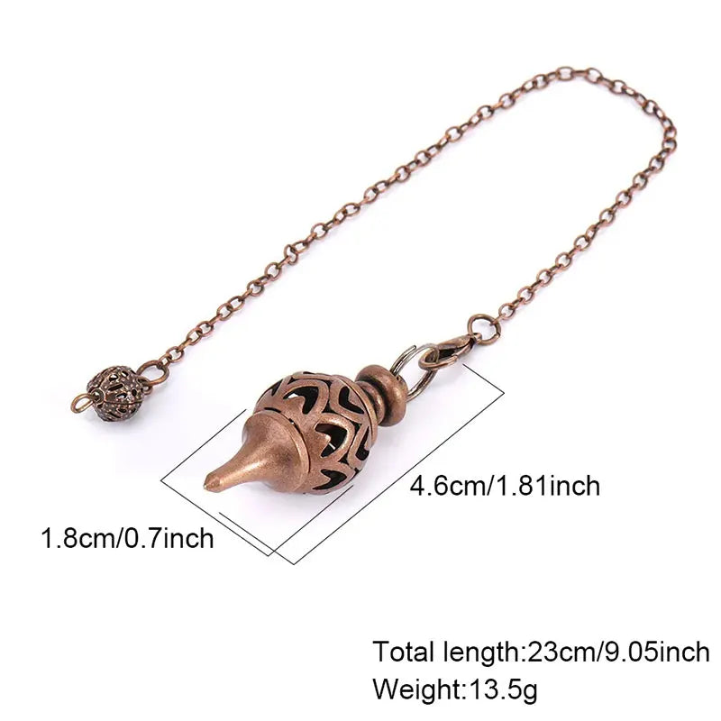 Bronze-colored decorative object with chain and measurements on a white background
