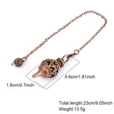 Bronze-colored decorative object with chain and measurements on a white background