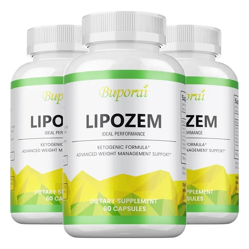 Three bottles of Buporai Lipozem dietary supplements on a white background