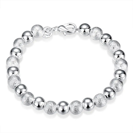 Silver beaded bracelet on a white background