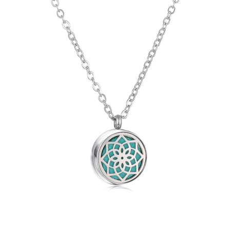 Necklace with a round turquoise pendant on a white background