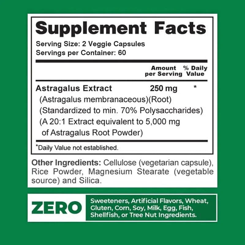 Supplement facts label for Astragalus Extract on a green background