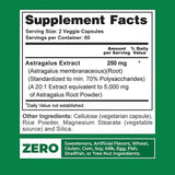 Supplement facts label for Astragalus Extract on a green background