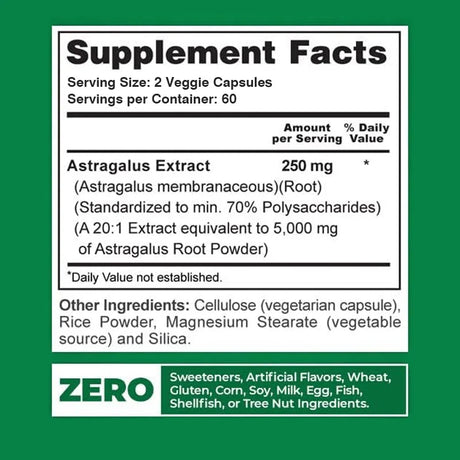 Supplement facts label for Astragalus Extract on a green background