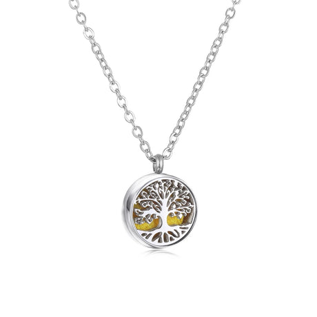 Silver necklace with a tree of life pendant on a white background