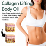 Advertisement for collagen lifting body oil showing a woman's torso with text and diagrams of skin layers.