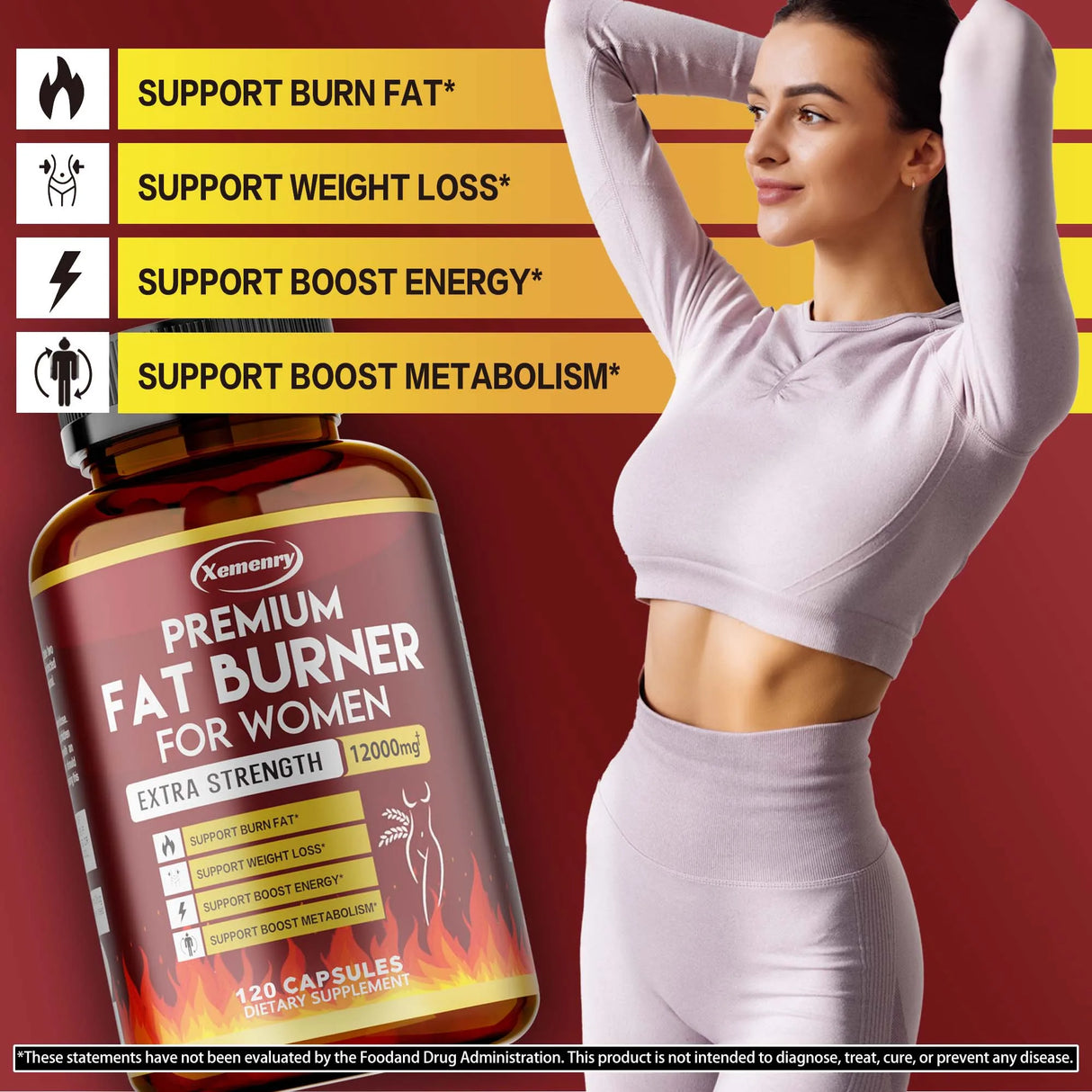 Woman in athletic wear next to a bottle of Xemenry Premium Fat Burner for Women on a red background with text about product benefits.