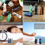 Collage of crystal healing images with text on a wooden surface, laptop, and scenic background.