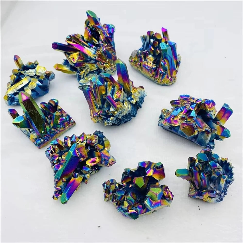 Multicolored crystal formations on a white background