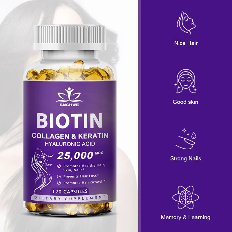 Biotin supplement bottle with purple label on a white background