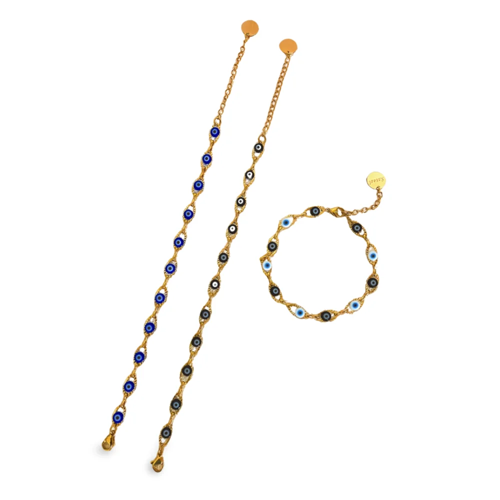 Gold necklace with blue and black beads on a white background