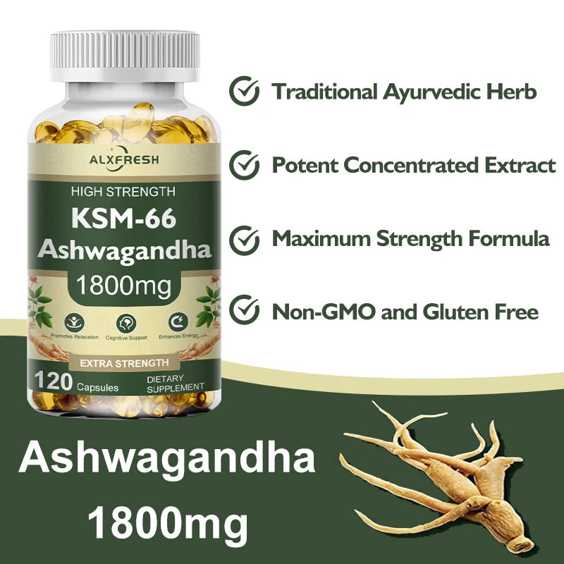 Bottle of ALXFRESH KSM-66 Ashwagandha supplement with product details on a green background
