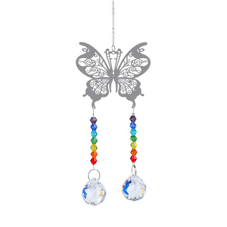 Butterfly-shaped ornament with rainbow beads and crystal balls on a white background