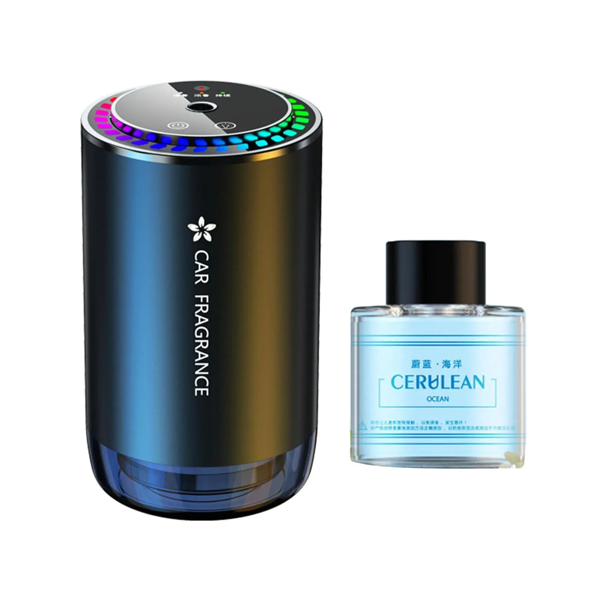 Car fragrance diffuser and a bottle of CERLEAN ocean perfume on a white background