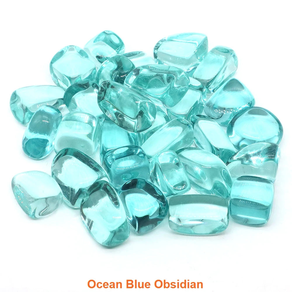 Turquoise glass beads labeled 'Ocean Blue Obsidian' on a white background