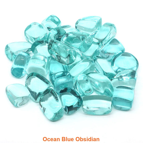 Turquoise glass beads labeled 'Ocean Blue Obsidian' on a white background