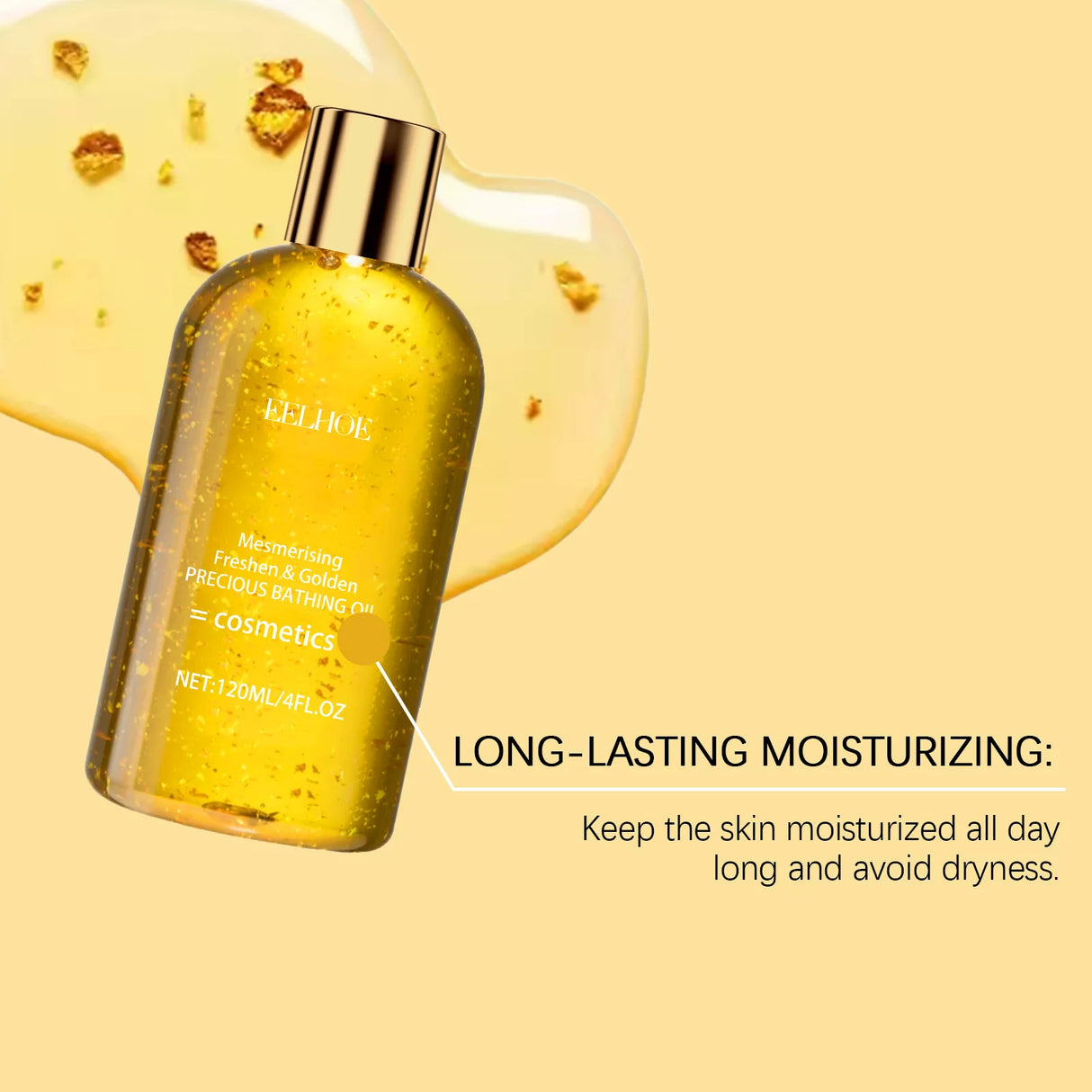 Yellow skincare bottle with gold cap on a yellow background, featuring text about long-lasting moisturizing.