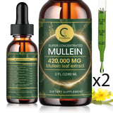 Super concentrated mullein extract bottle with dropper and label details on a white background