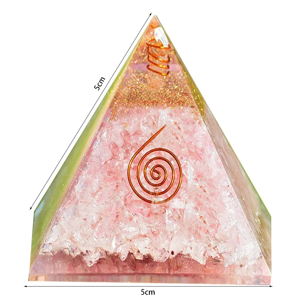 Pyramid-shaped crystal with a spiral design on a white background