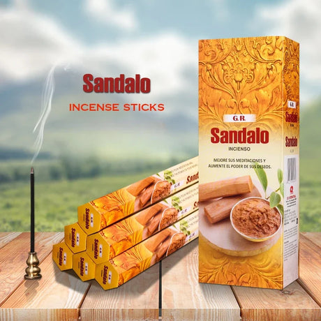 Sandalalo incense sticks packaging with incense stick and holder on a wooden surface