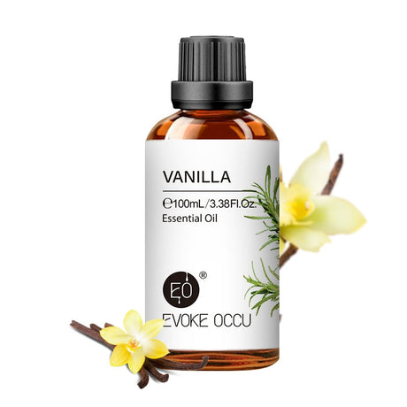 Vanilla essential oil bottle with flowers on a white background, featuring the Evoke Occu brand.