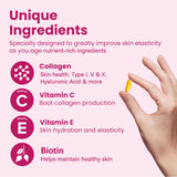 Vitamins with text on unique ingredients for skin health on a pink background