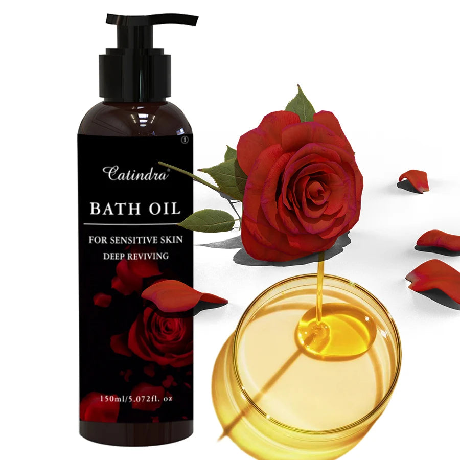 Catindra bath oil bottle with a red rose and oil droplet on a white background