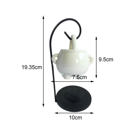 Measurement chart of a white teapot with black handle and base on a white background