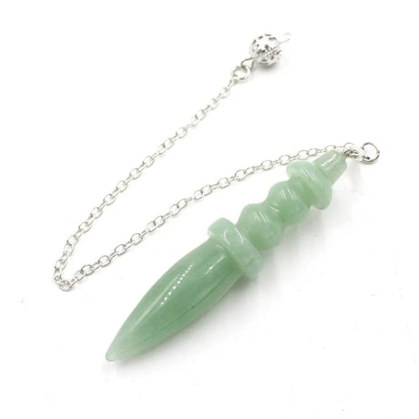 Green jade dagger pendant on a silver chain against a white background