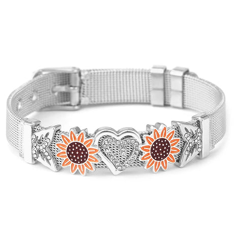 Silver bracelet with sunflower and heart designs on a white background