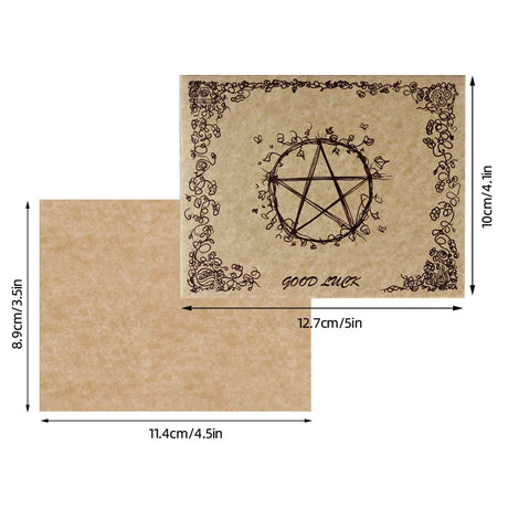 Kraft paper card with pentagram design and 'good luck' text, shown with dimensions.