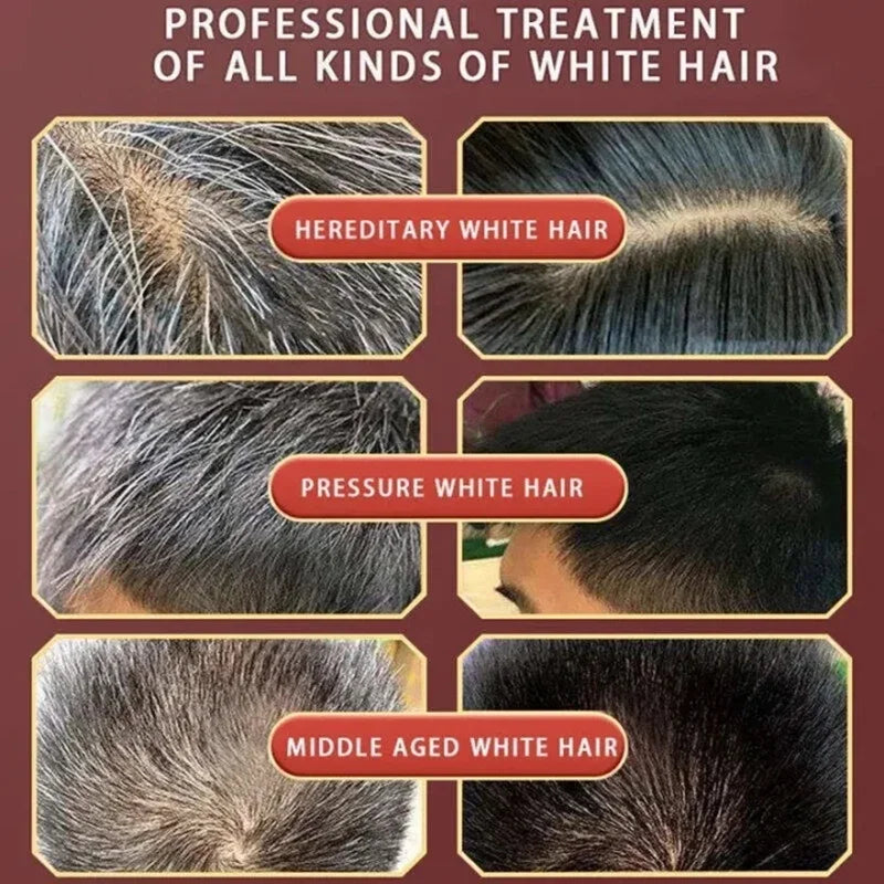 Advertisement for professional treatment of white hair with images and text on a brown background.