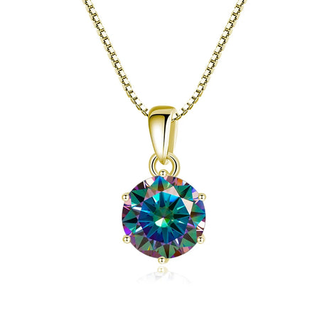 Gold necklace with a colorful gemstone pendant on a white background