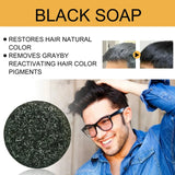 Advertisement for black soap with text and images of a man and black soap texture.