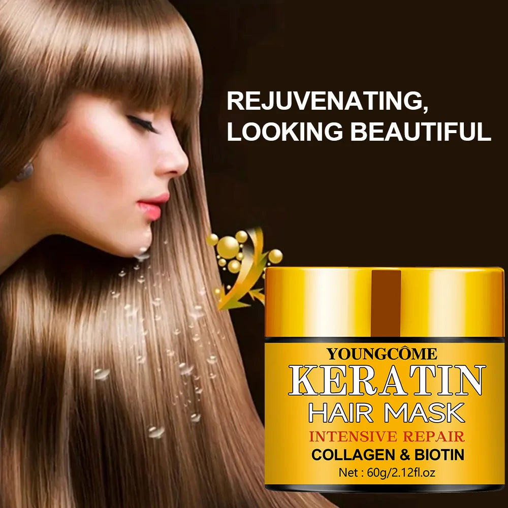 Youngcombe Keratin Hair Mask with a woman's hair and text on a dark background