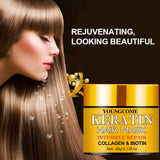 Youngcombe Keratin Hair Mask with a woman's hair and text on a dark background