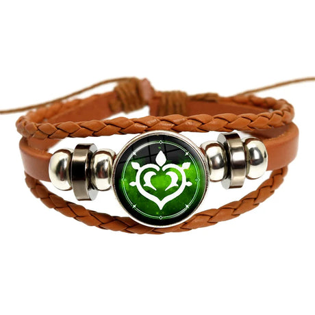 Brown braided leather bracelet with a green and black emblem featuring a white heart design on a white background.