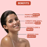 Woman's face with skin care benefits listed on a pink background