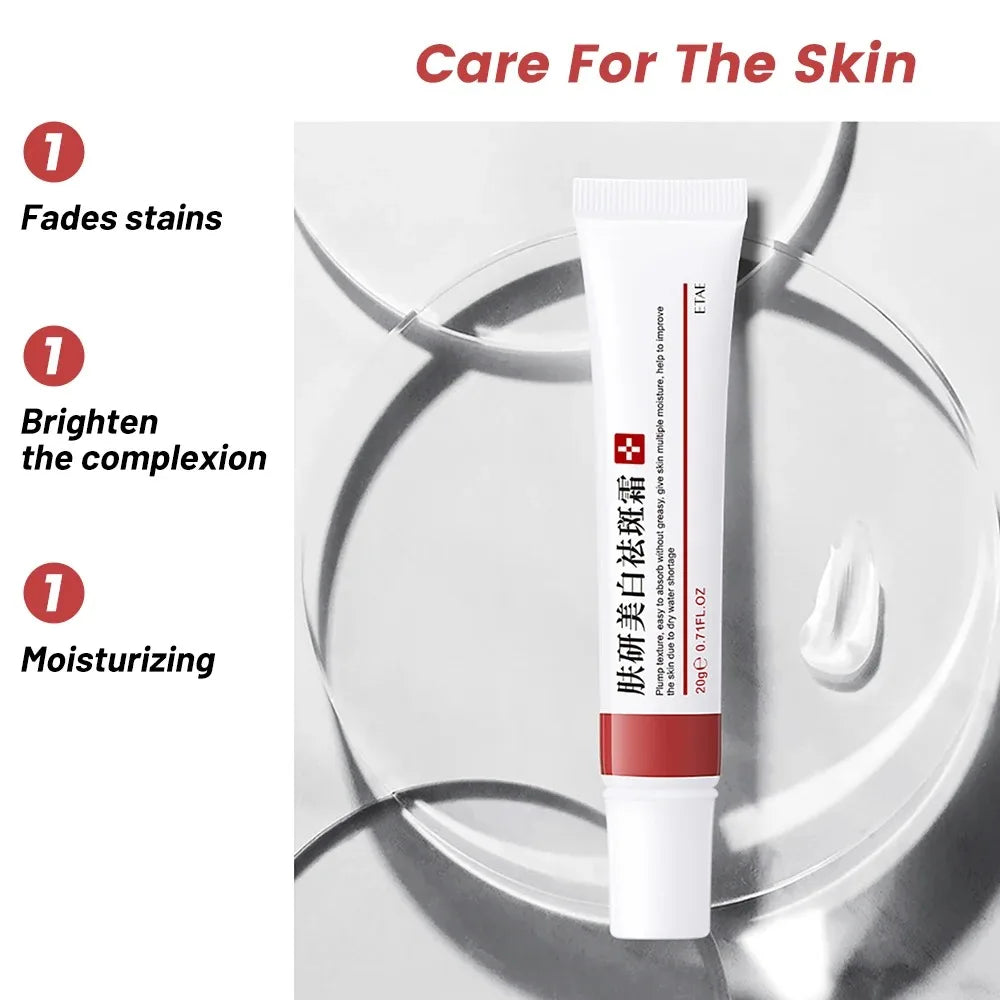Skincare tube with benefits listed on a white background