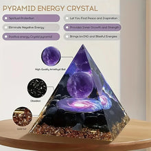 Pyramid energy crystal with features listed on a white background