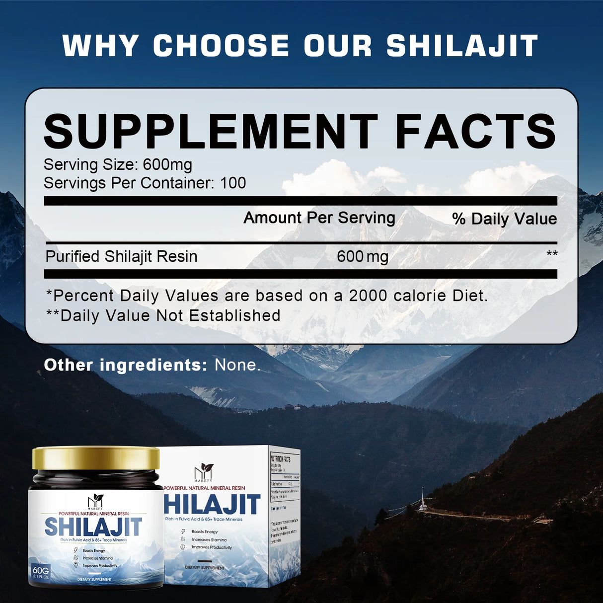 Supplement facts label for Shilajit with mountainous background