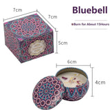 Decorative candle tin with mandala design and measurements on a white background