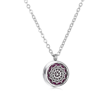 Necklace with a round pendant featuring a floral design on a white background