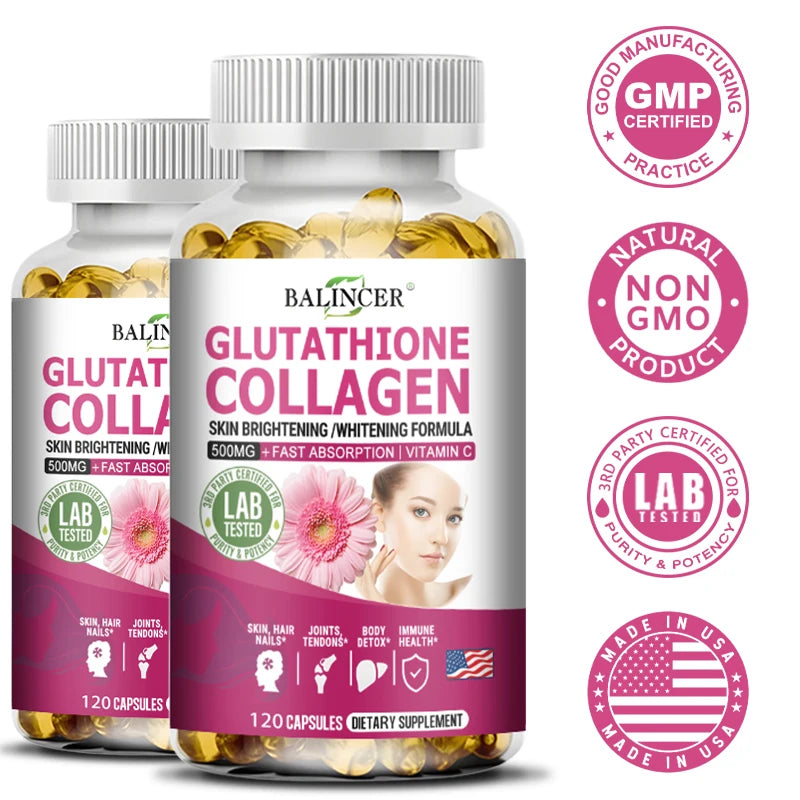 Two bottles of Balincer Glutathione Collagen supplement with certification logos on a white background.