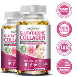 Two bottles of Balincer Glutathione Collagen supplement with certification logos on a white background.