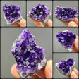 Collage of purple amethyst crystal clusters held by a hand against a neutral background