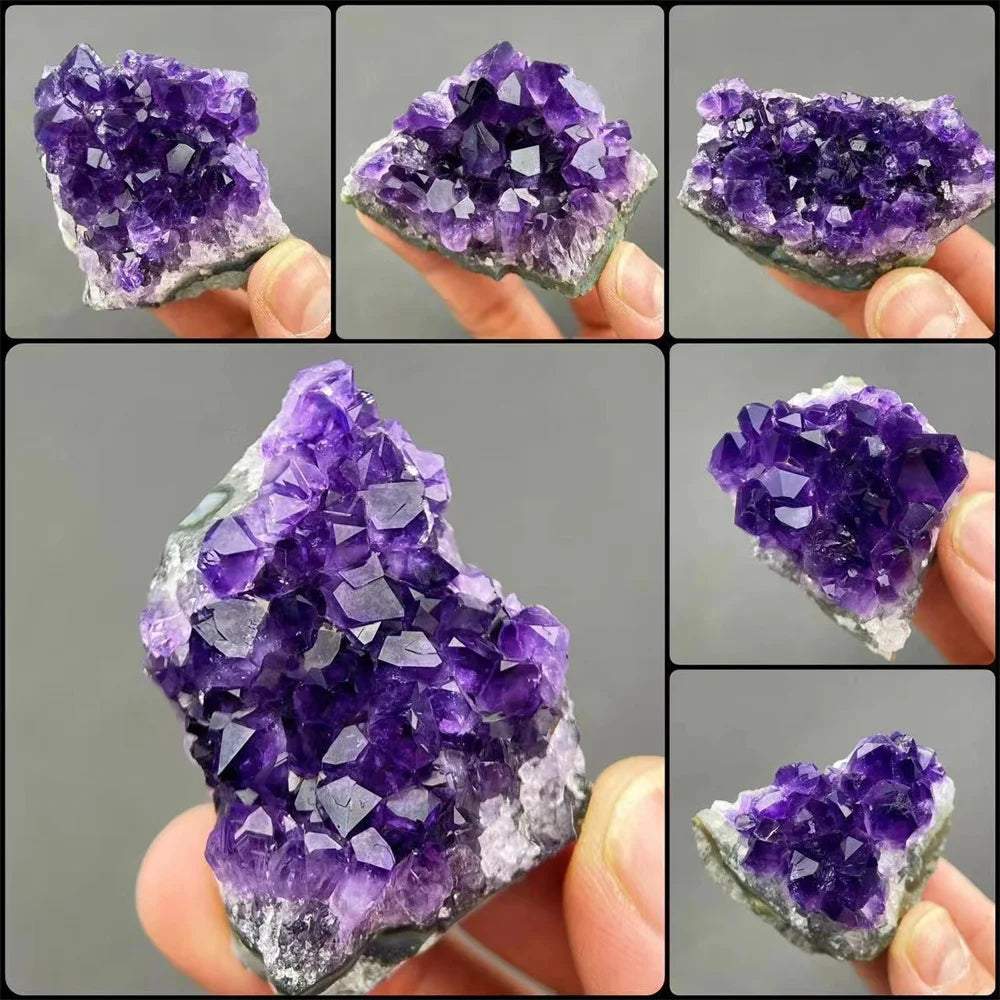 Collage of purple amethyst crystal clusters held by a hand against a neutral background