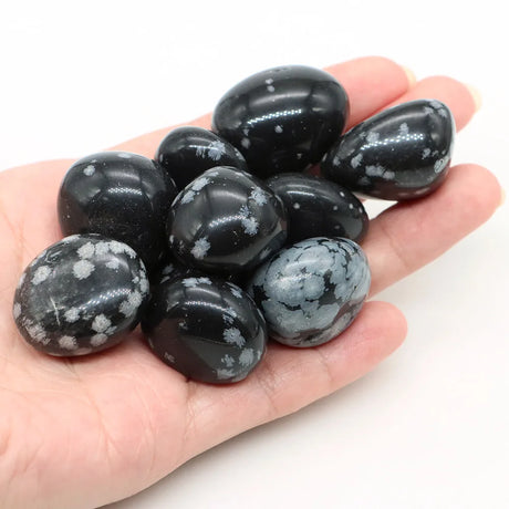 Hand holding a collection of black and gray marbled stones on a white background
