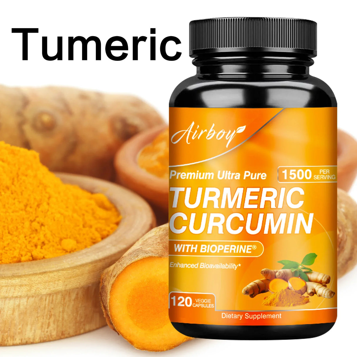 Turmeric supplement bottle with turmeric roots and powder on a white background