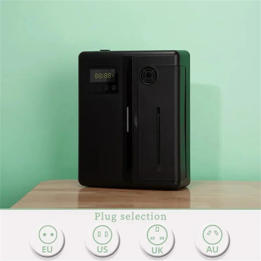 Black electronic device with digital display on a wooden surface against a green background
